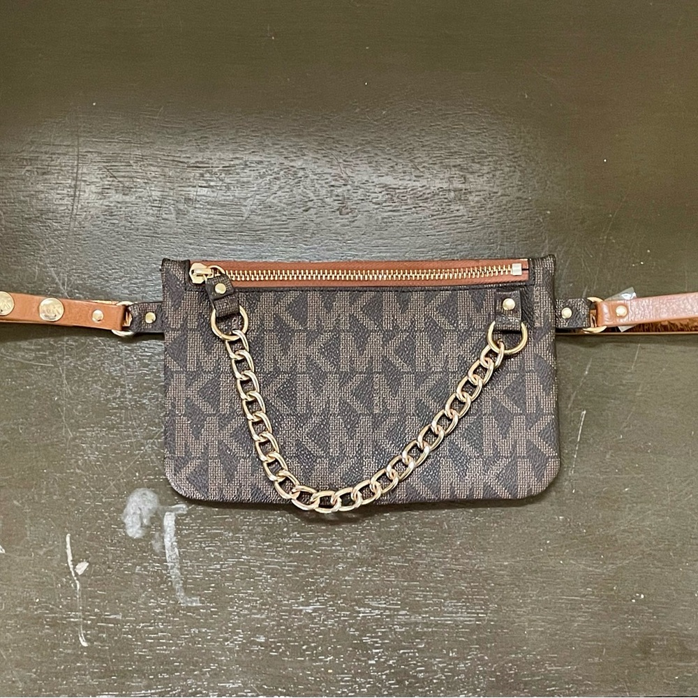 Michael Kors Dark Brown Monogram Chain Belt Bag